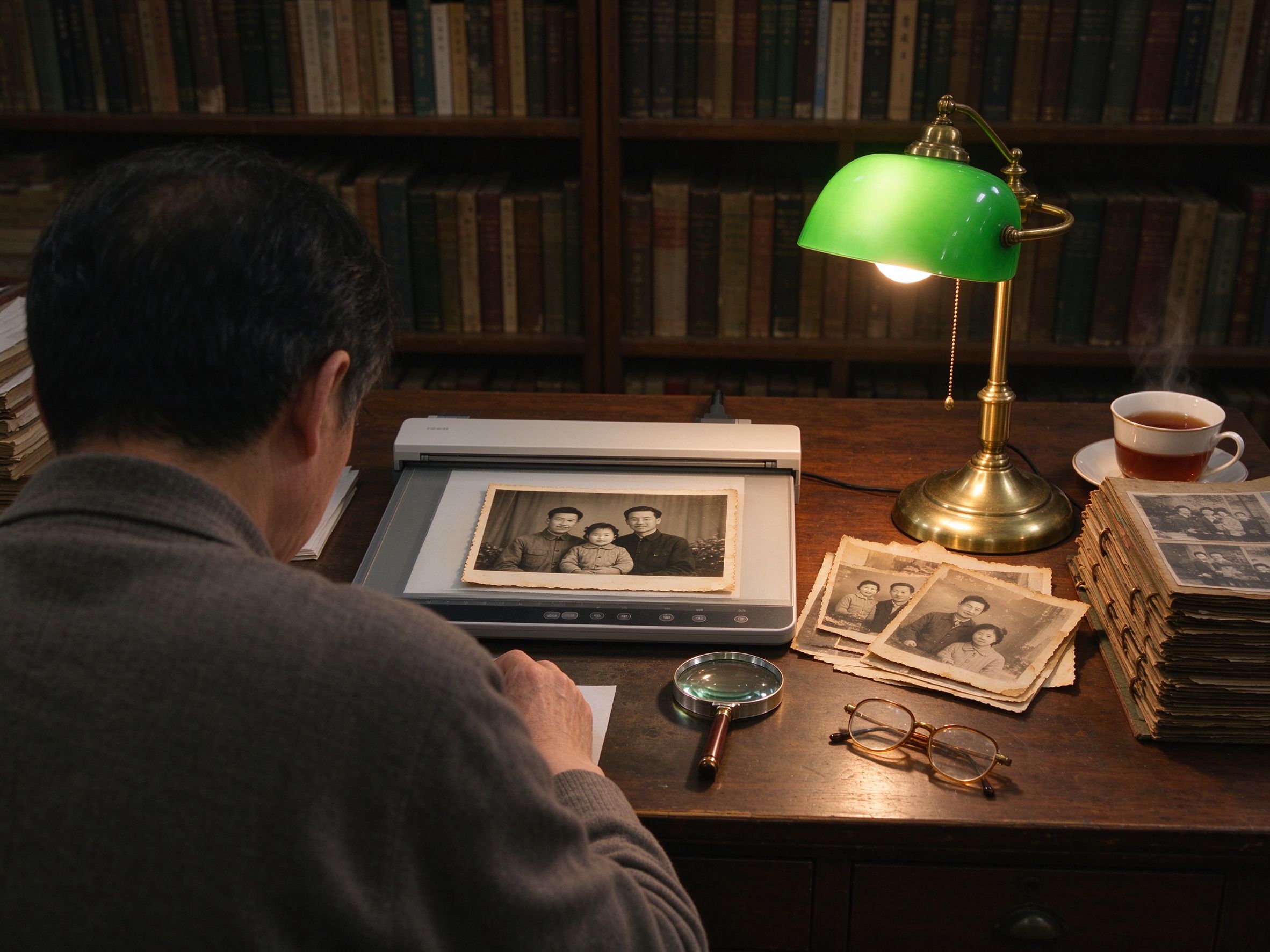 A warm photo restoration workbench with scanner, magnifier and old albums