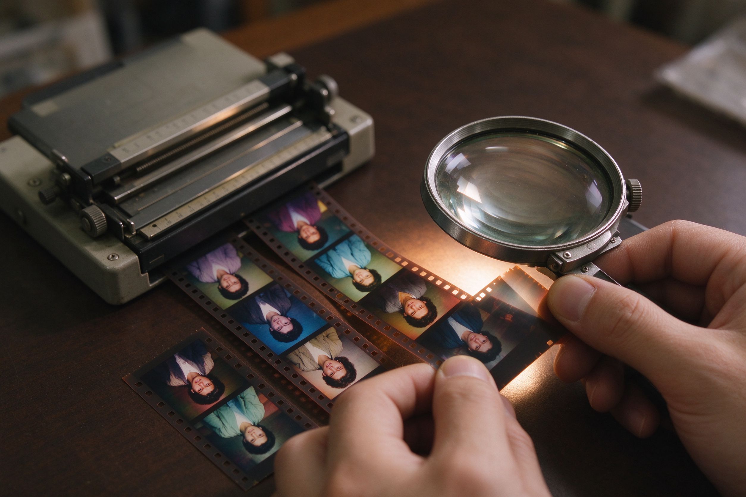 Film negatives being scanned on a desktop scanner
