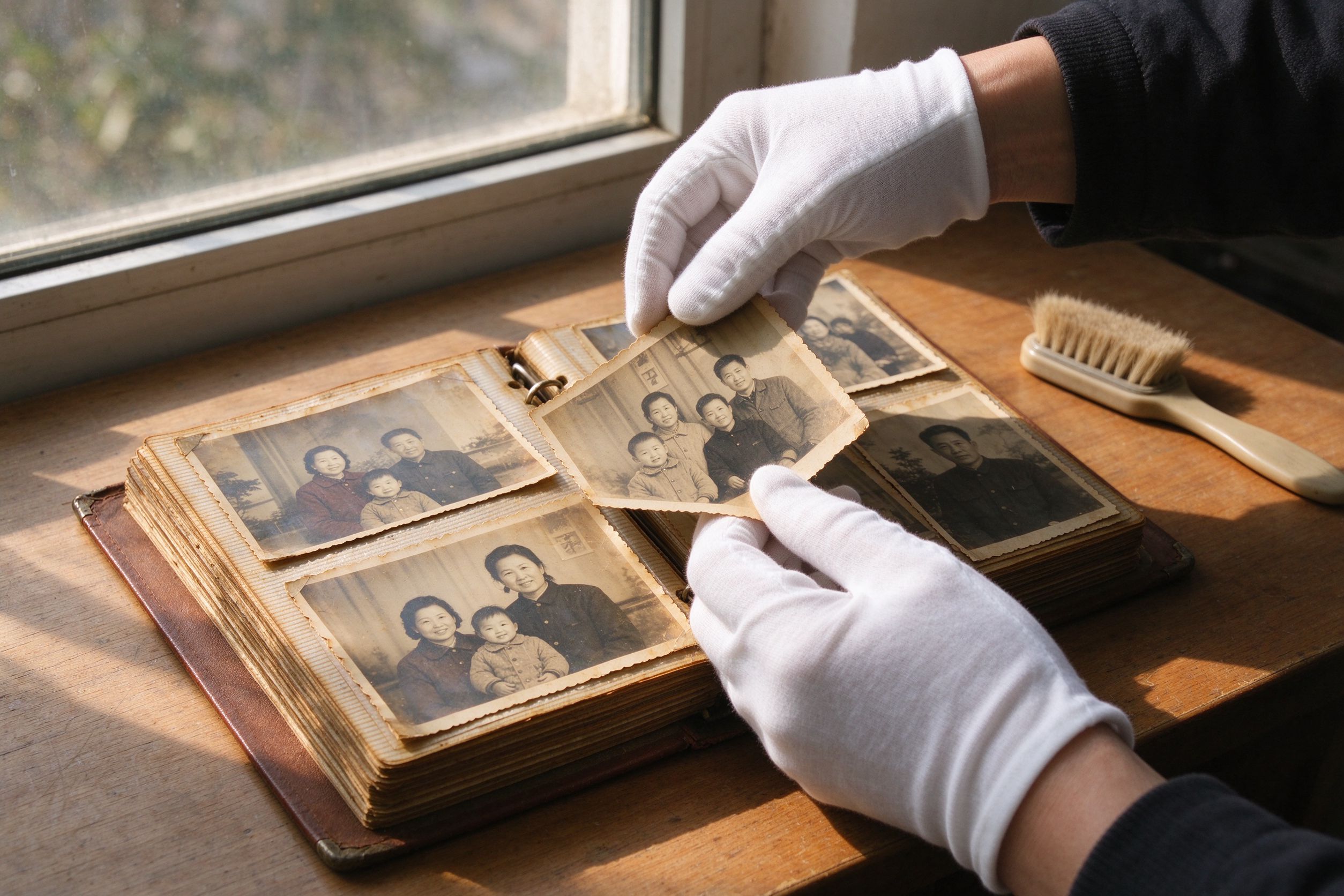 Hands carefully turning pages of an old photo album