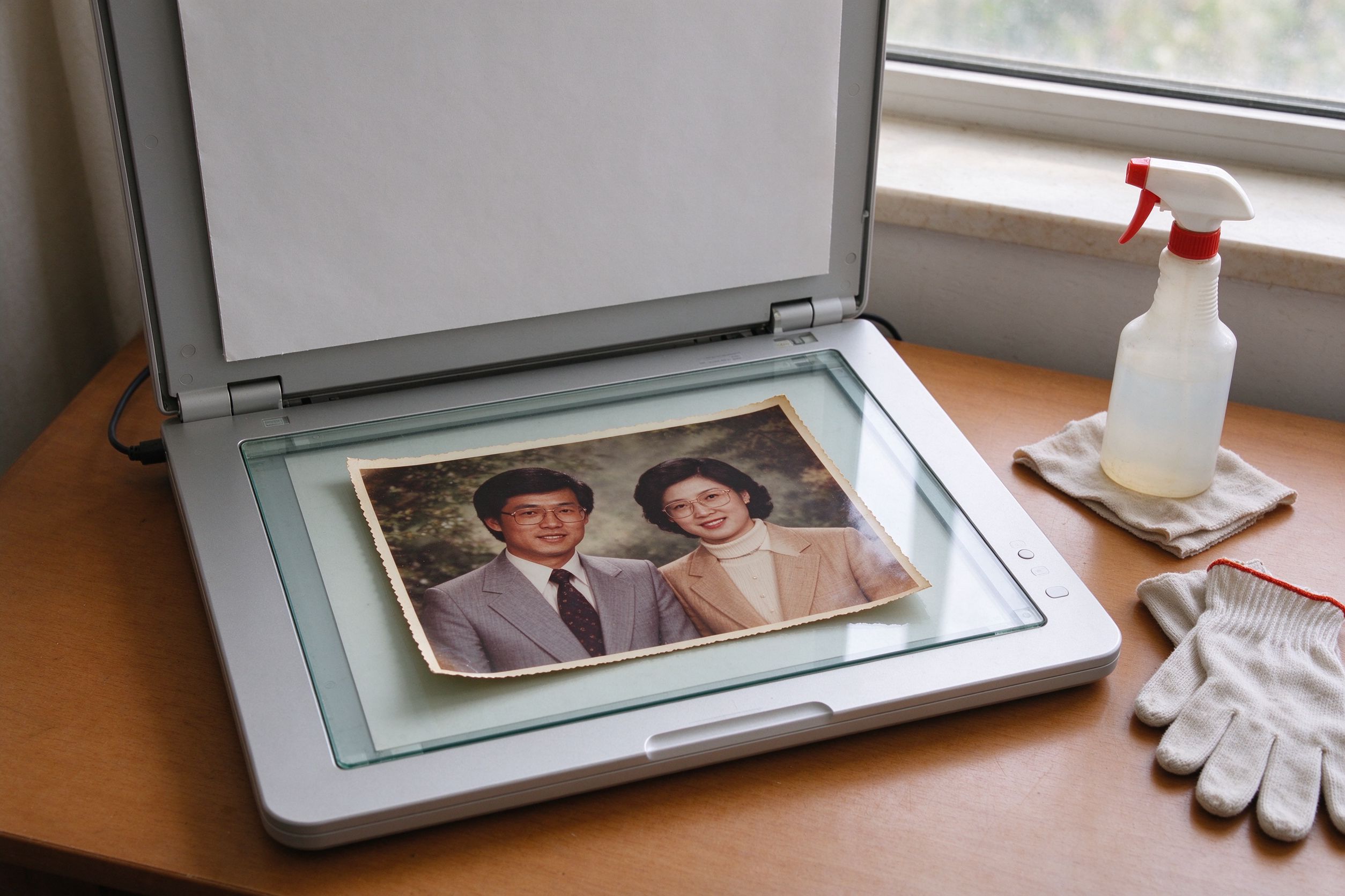 Old photos being digitized on a flatbed scanner