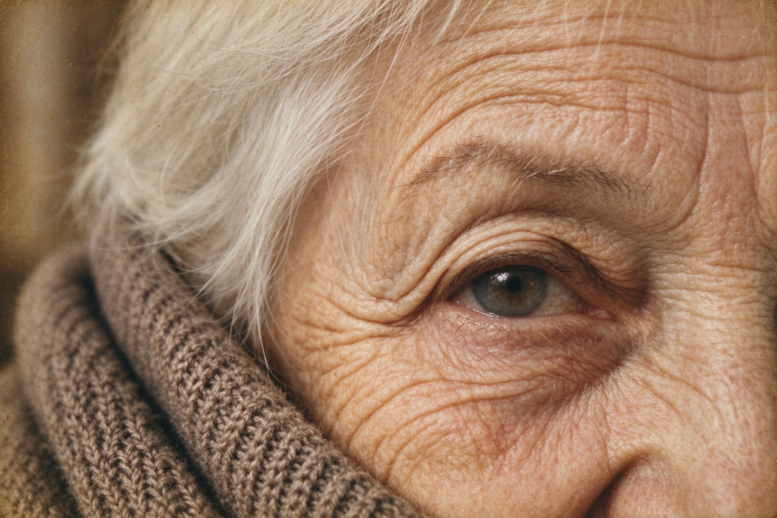 Extreme close-up of an elderly woman's eye and hair showing crisp restored detail