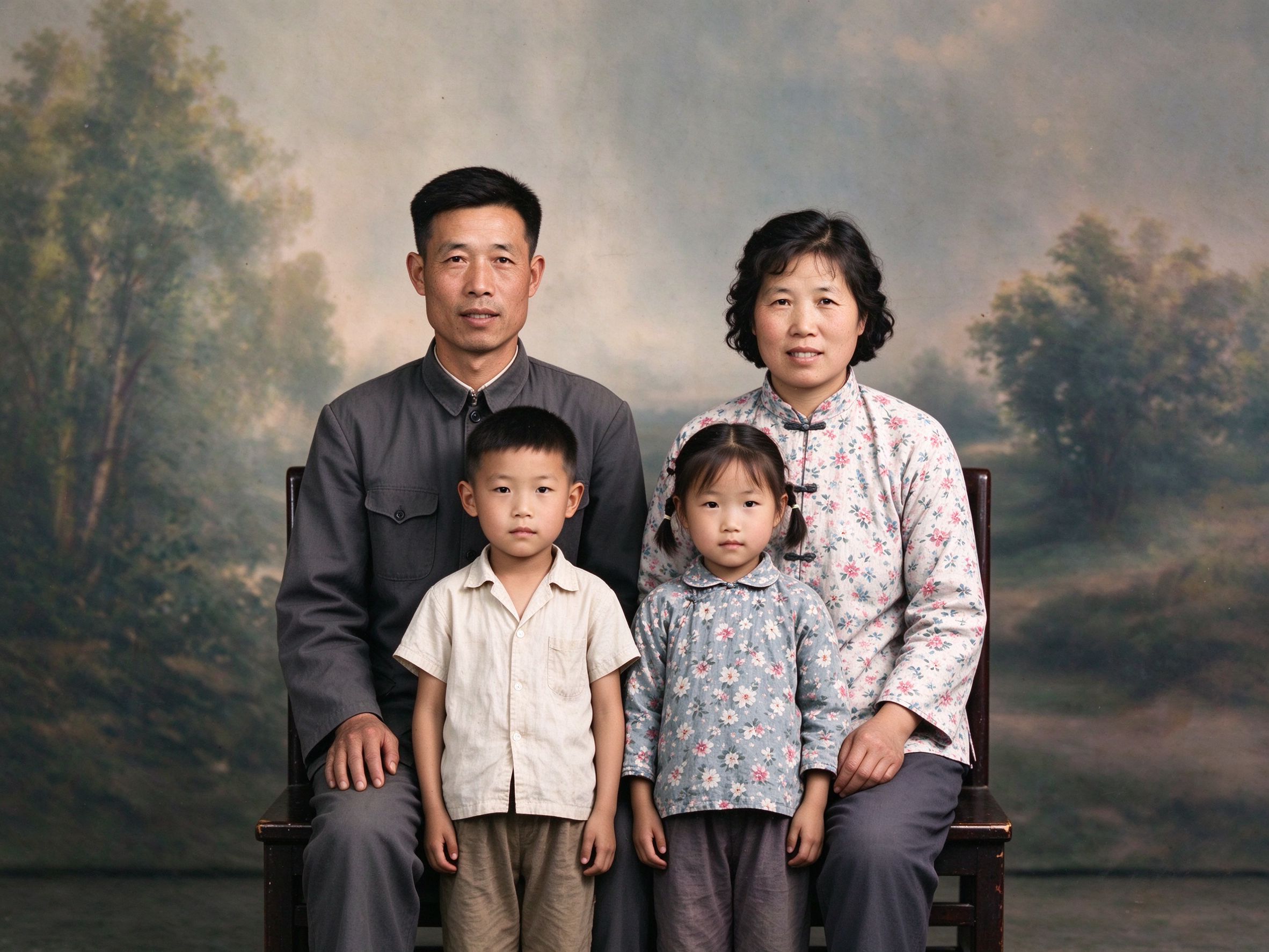 The same family photograph after restoration — clear, vivid colors