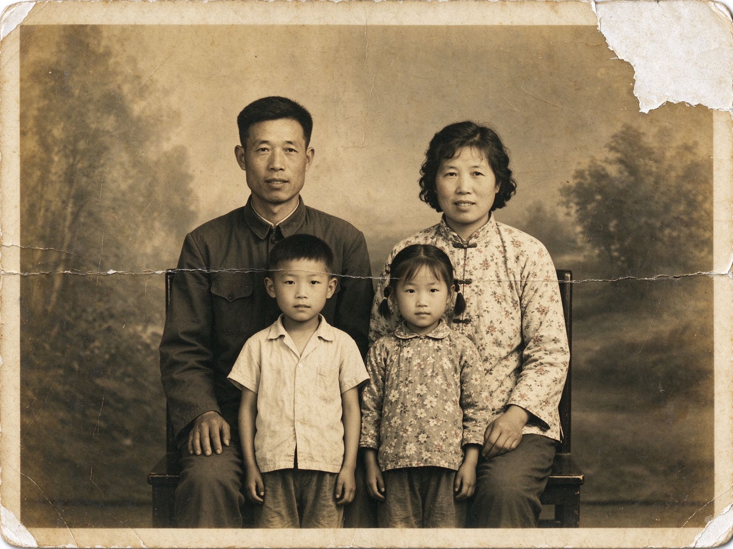 Damaged and faded old family photograph, scratched with torn corner