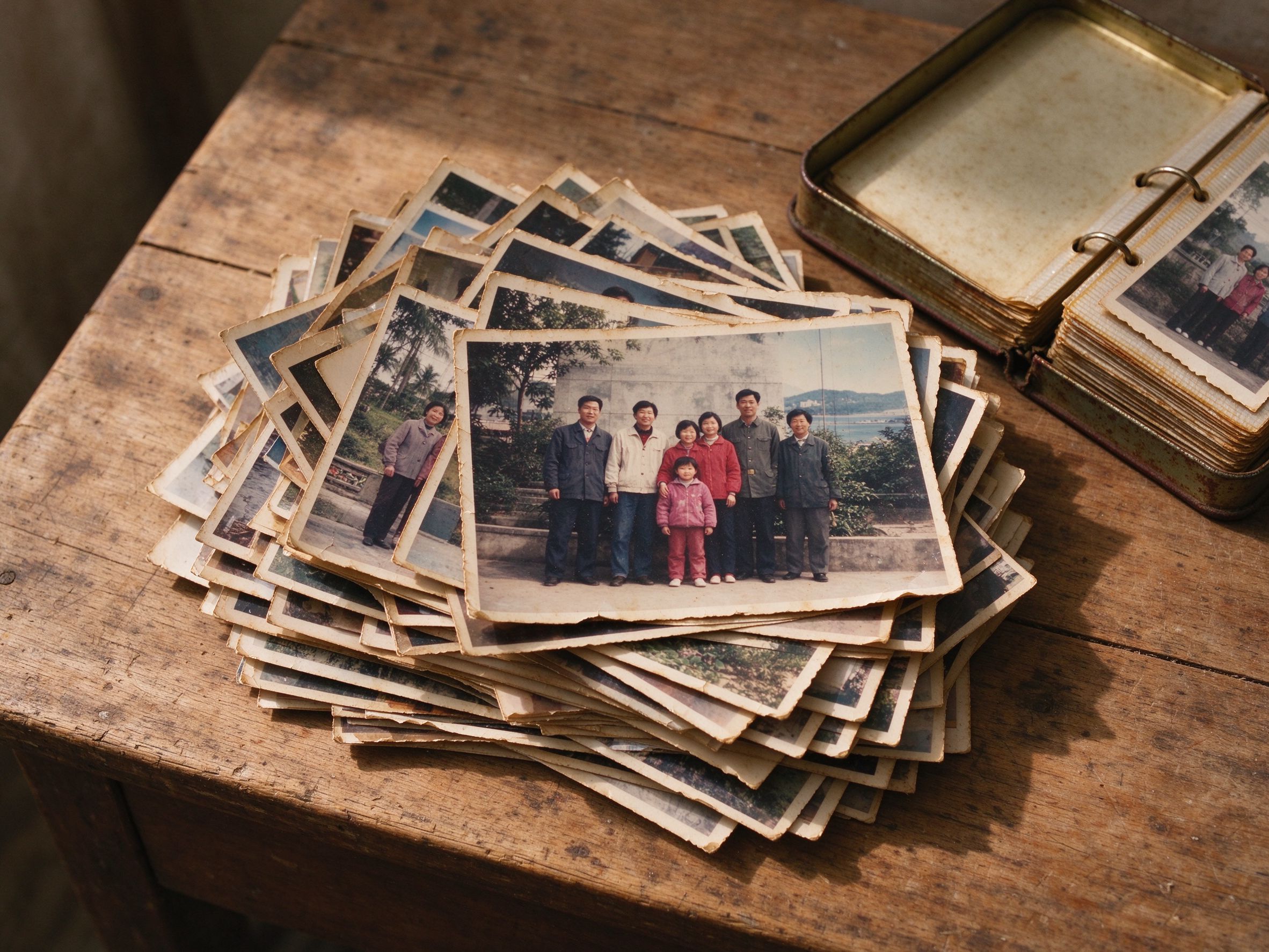 A stack of scanned family photographs
