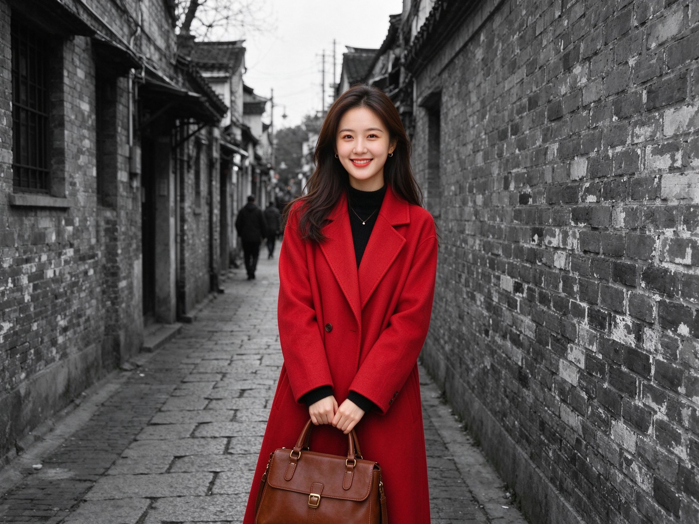 Black and white photograph with a single vivid red accent color