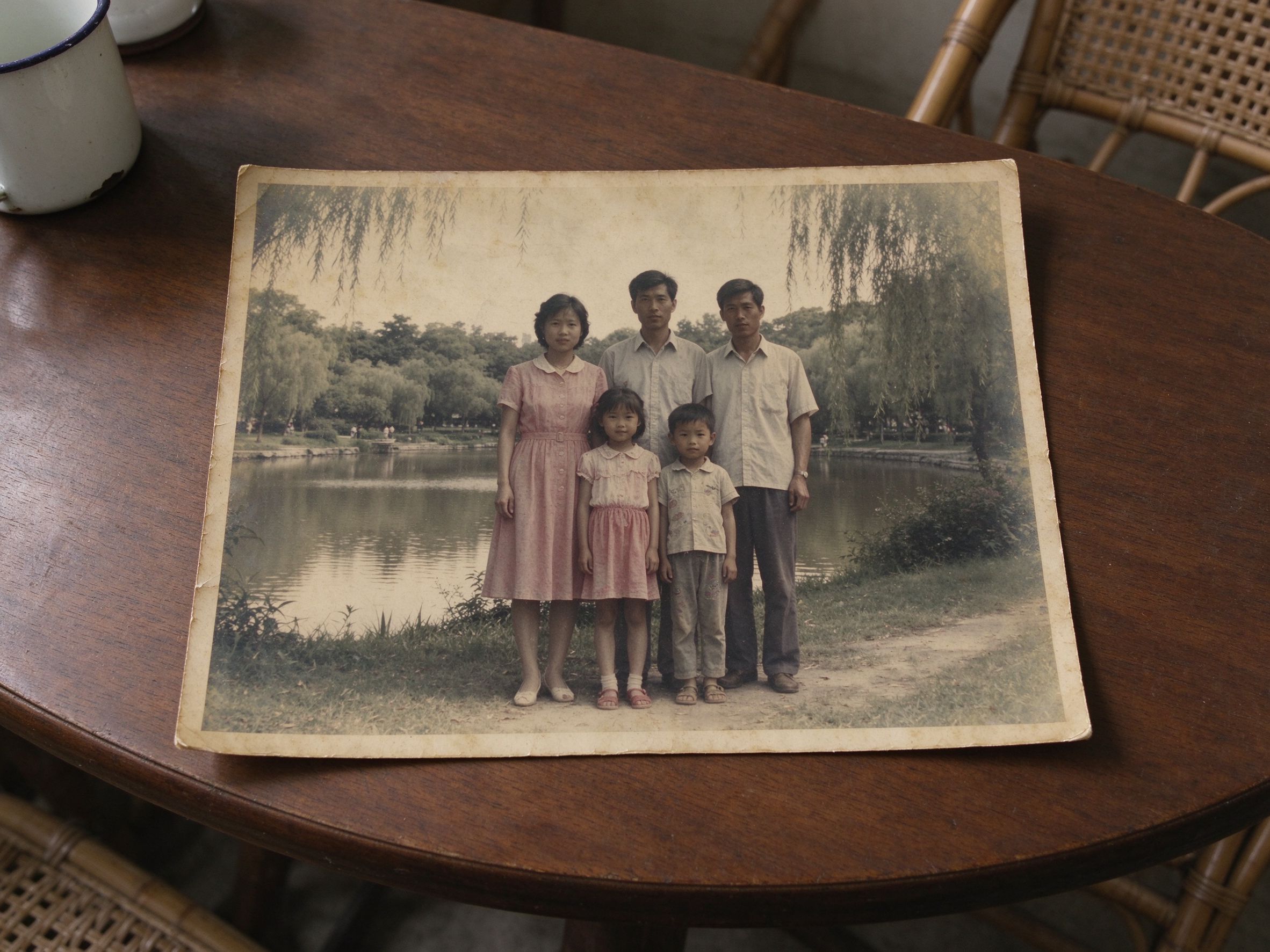 Faded yellowed photograph being color corrected