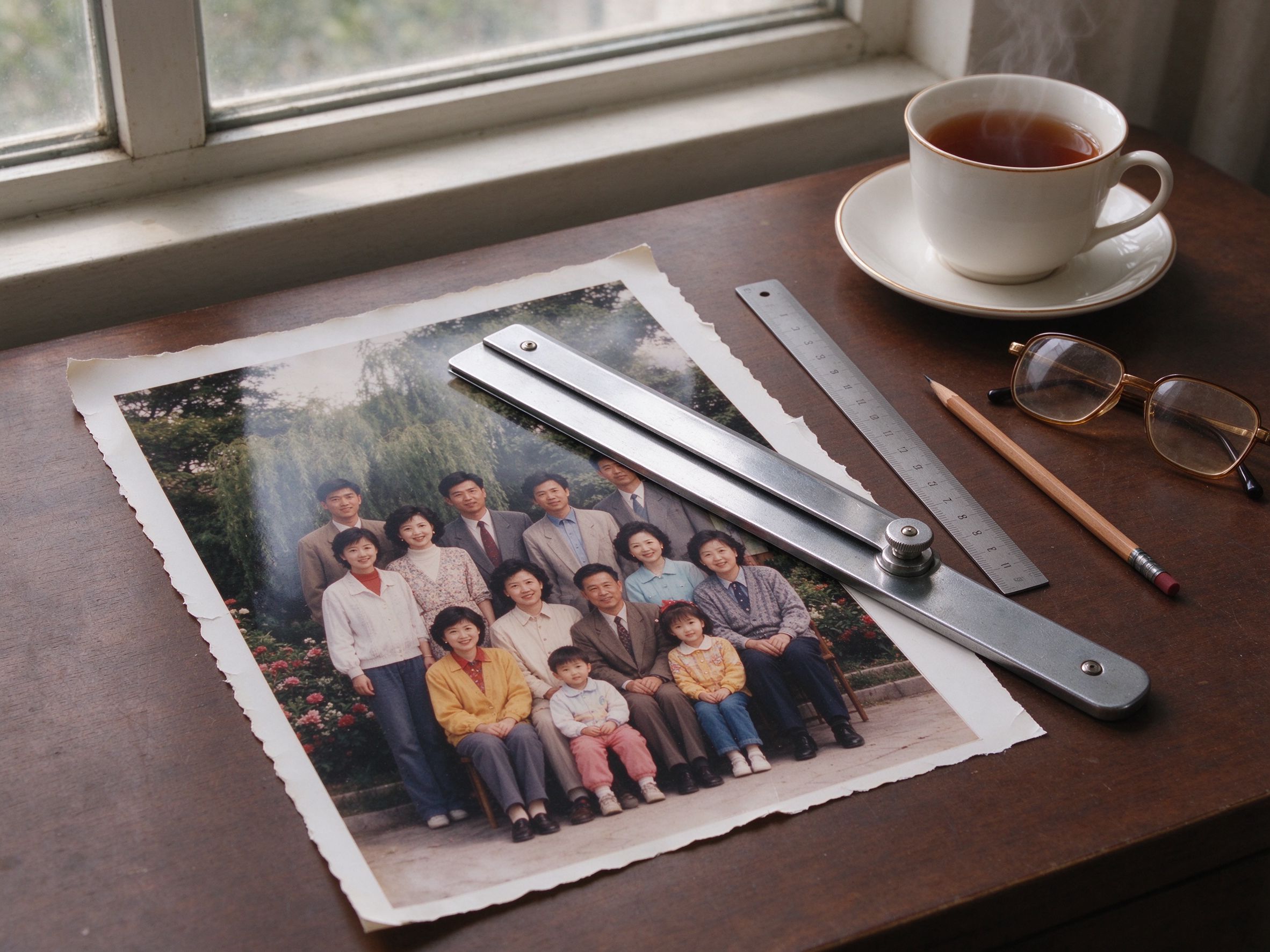 Old photograph being cropped on a work table