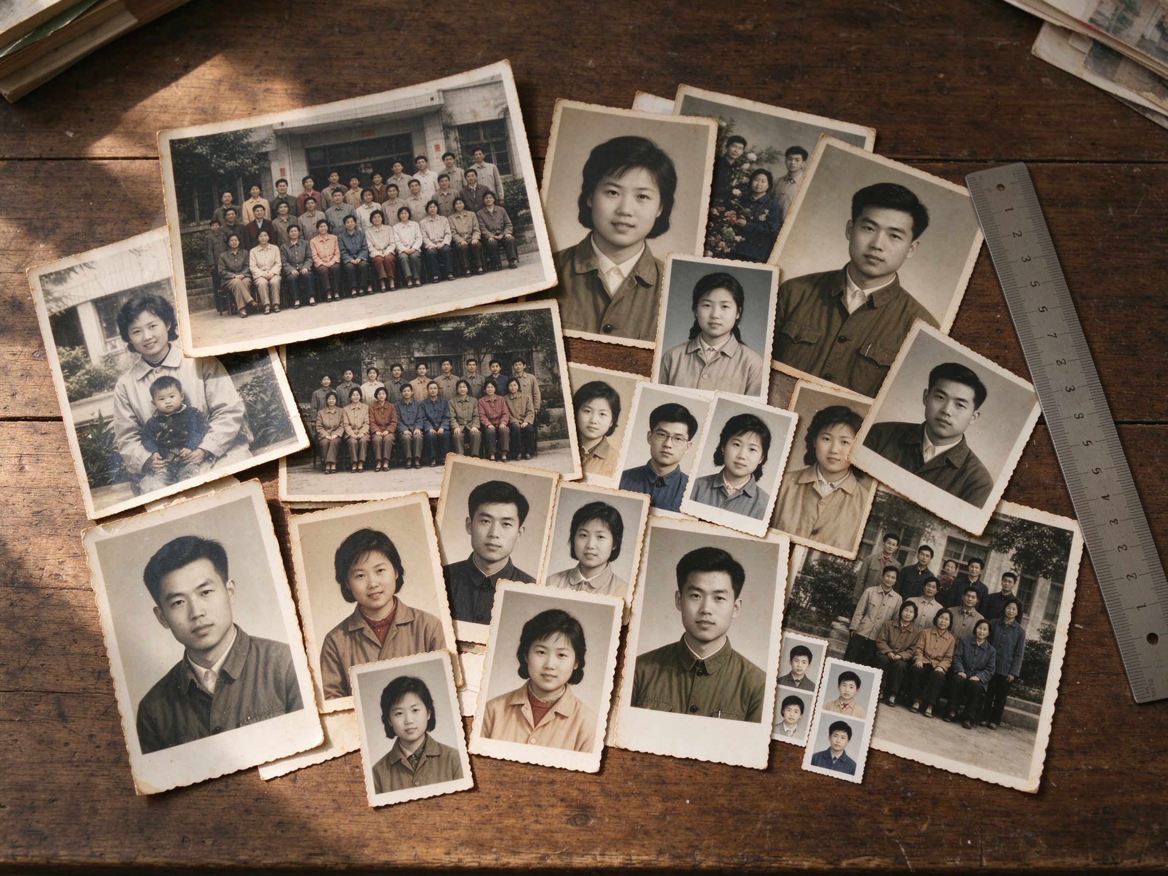 Prints of different photo sizes laid on a desk