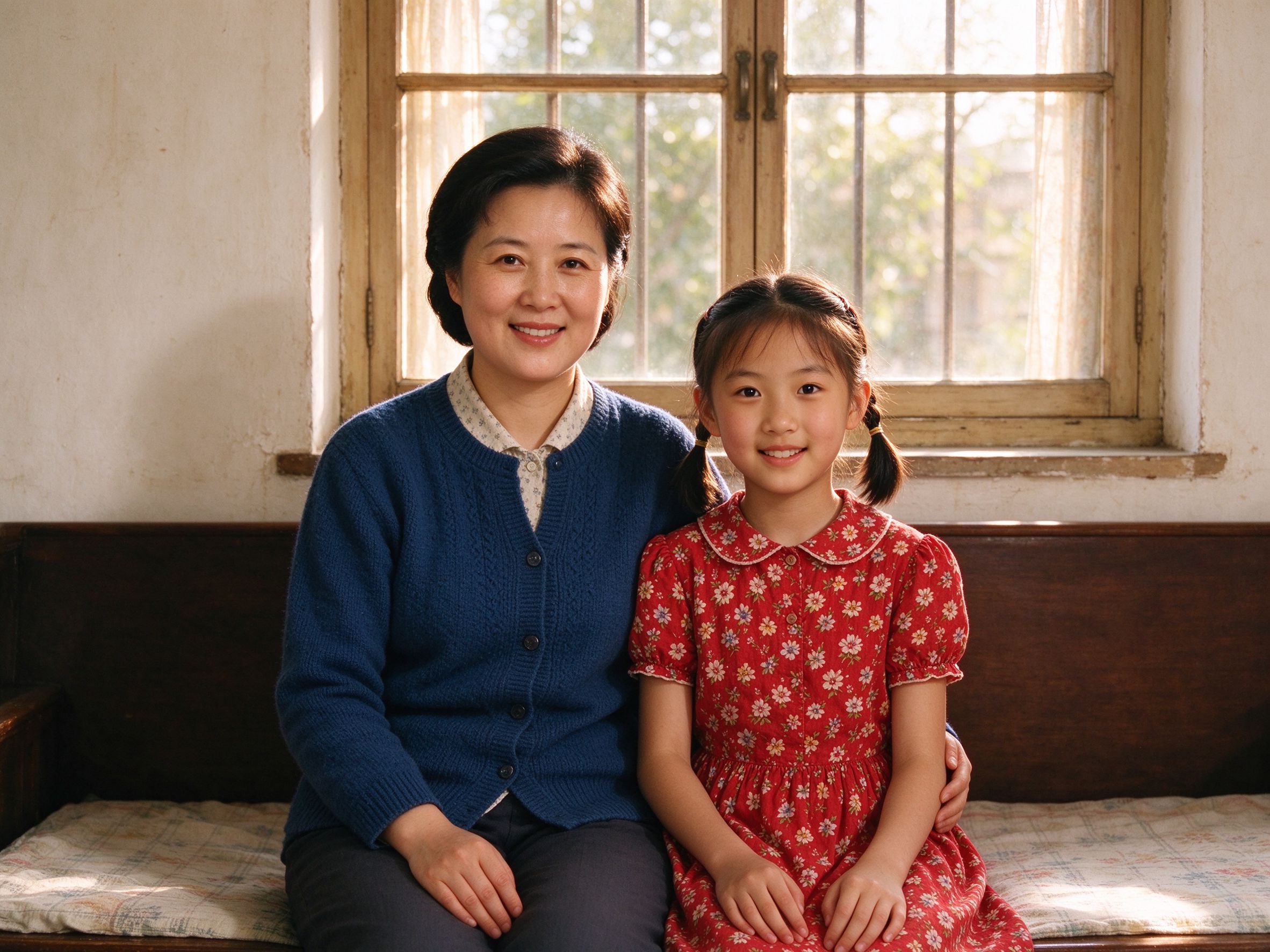 Restored vintage family photograph with vivid warm colors