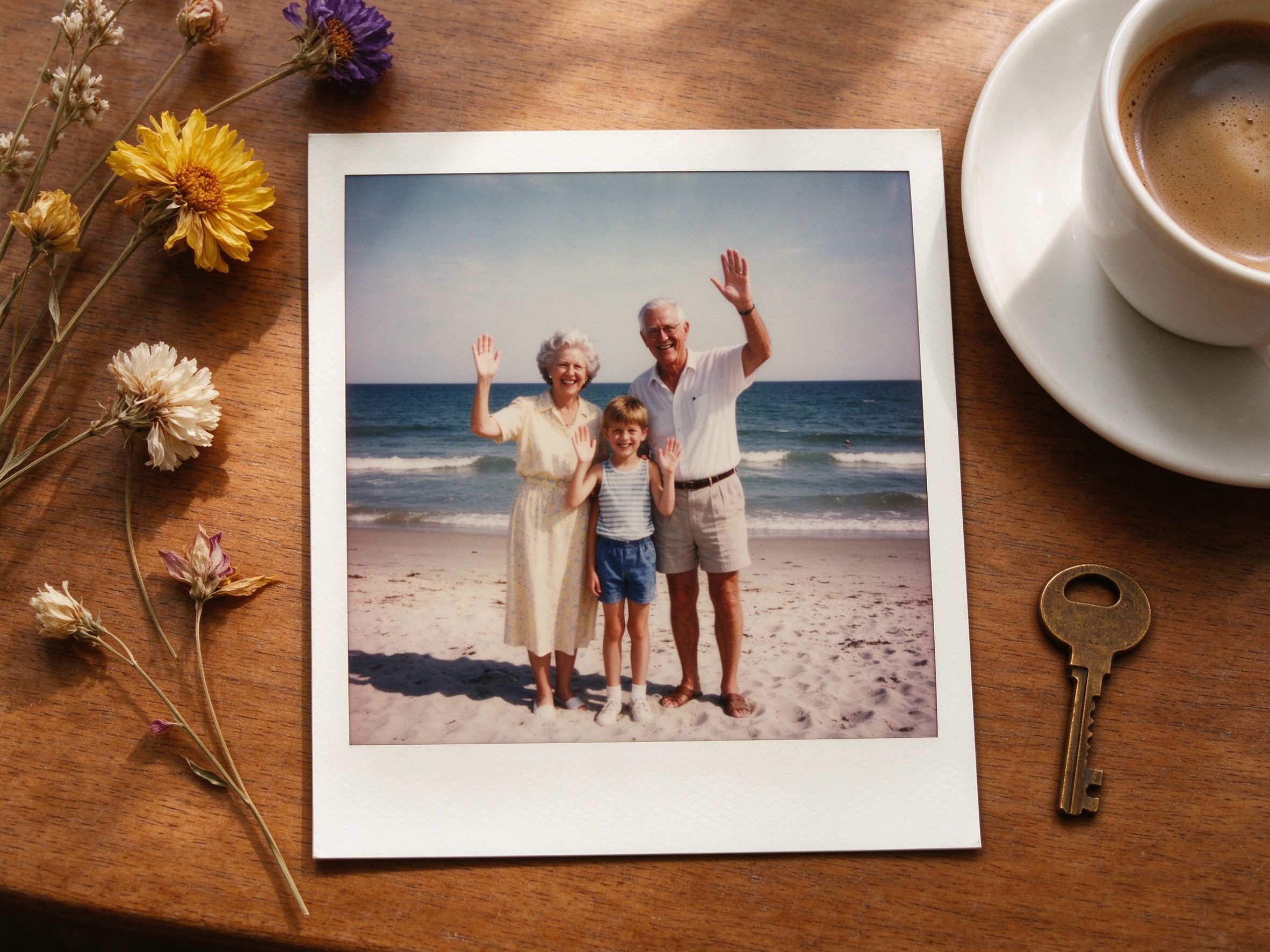 Polaroid instant photographs laid on a wooden table